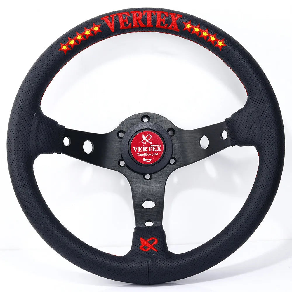Black deep concave alloy racing steering wheel showing 330mm diameter and Vertex design options.