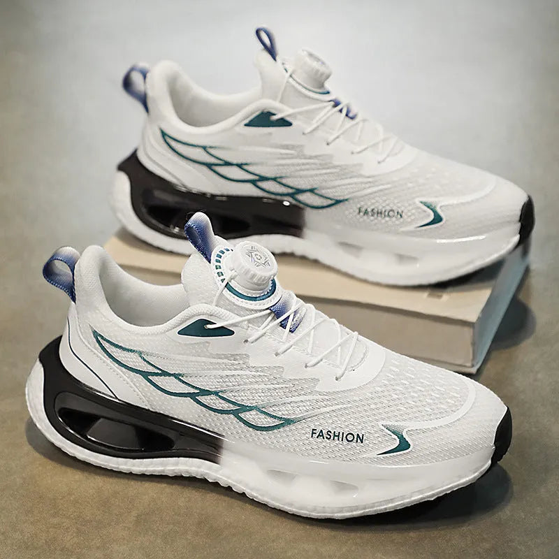 Youth low-top casual sneaker with rotating button detail on sole, shown in light blue mesh.