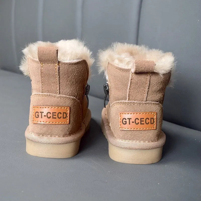 Children snow boots genuine leather wool plush winter shoes for boys girls khaki pink brown sizes 21-30