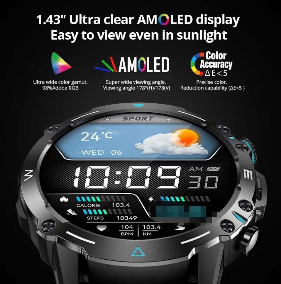 M42 smart watch in black, grey, or green with AMOLED display showing fitness metrics