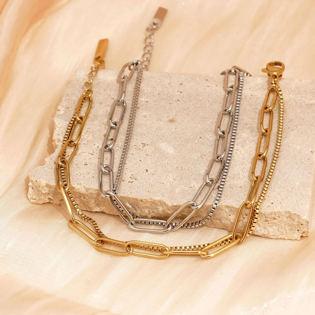 Women's double layer titanium steel bracelet with geometric design in gold or silver electroplated finish