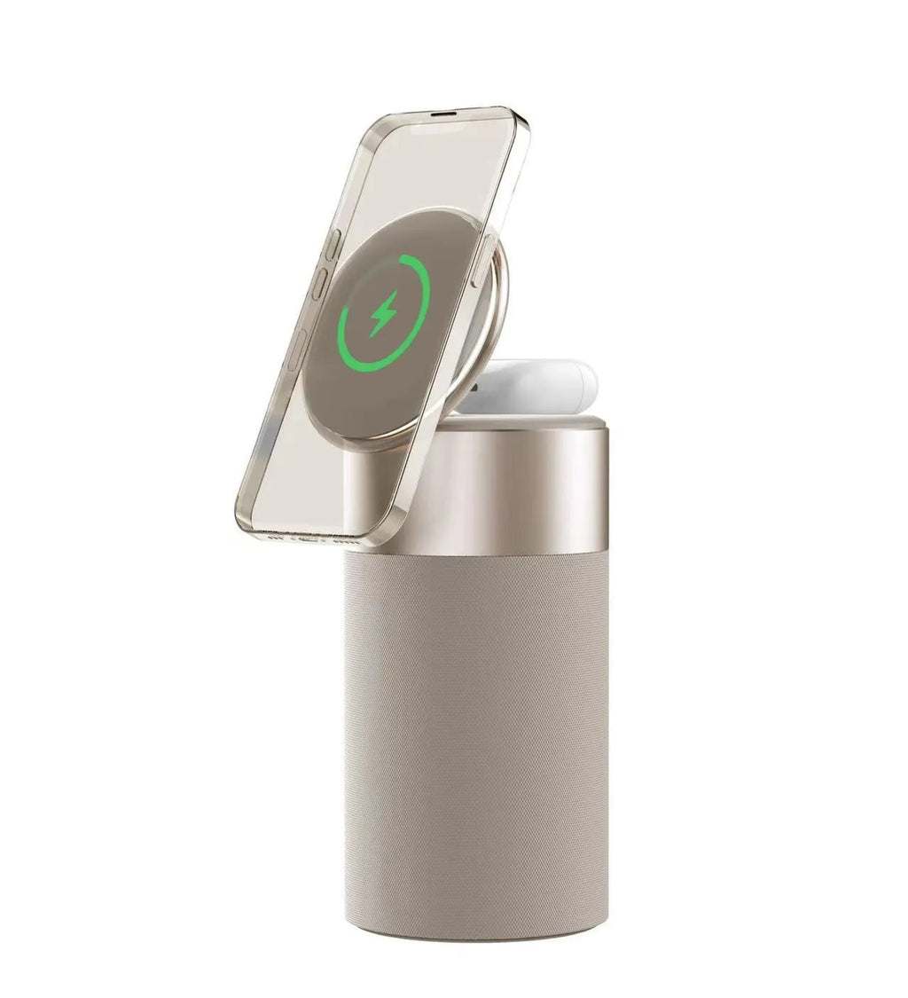 Gray or beige magnetic wireless charger with earphone and cellphone audio function, button or touch control, small portable design