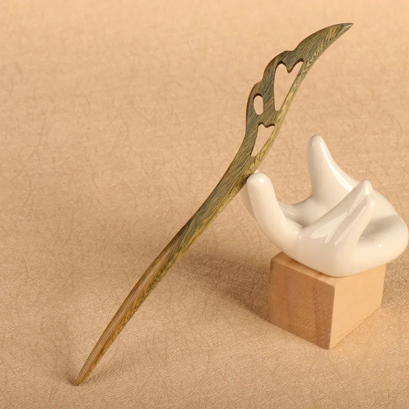 Green sandalwood hairpin antique hair clasp 18cm wooden ethnic style with double pointed toe design