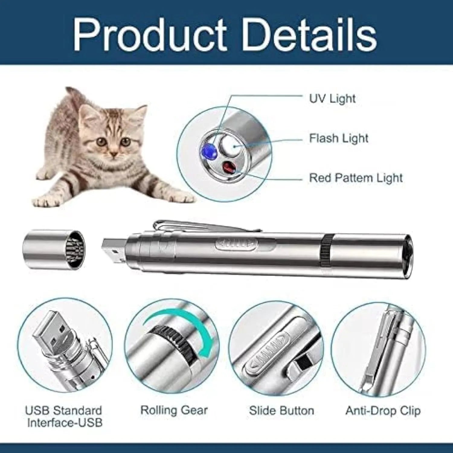 Silver aluminium cat laser pointer toy with metal clip showing multiple light pattern options