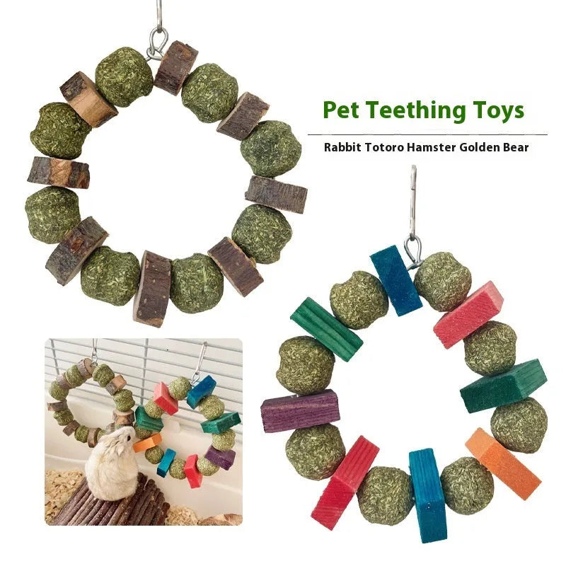 Hamster chew toy with Totoro decorative ring, straw ball, and applewood molar rod