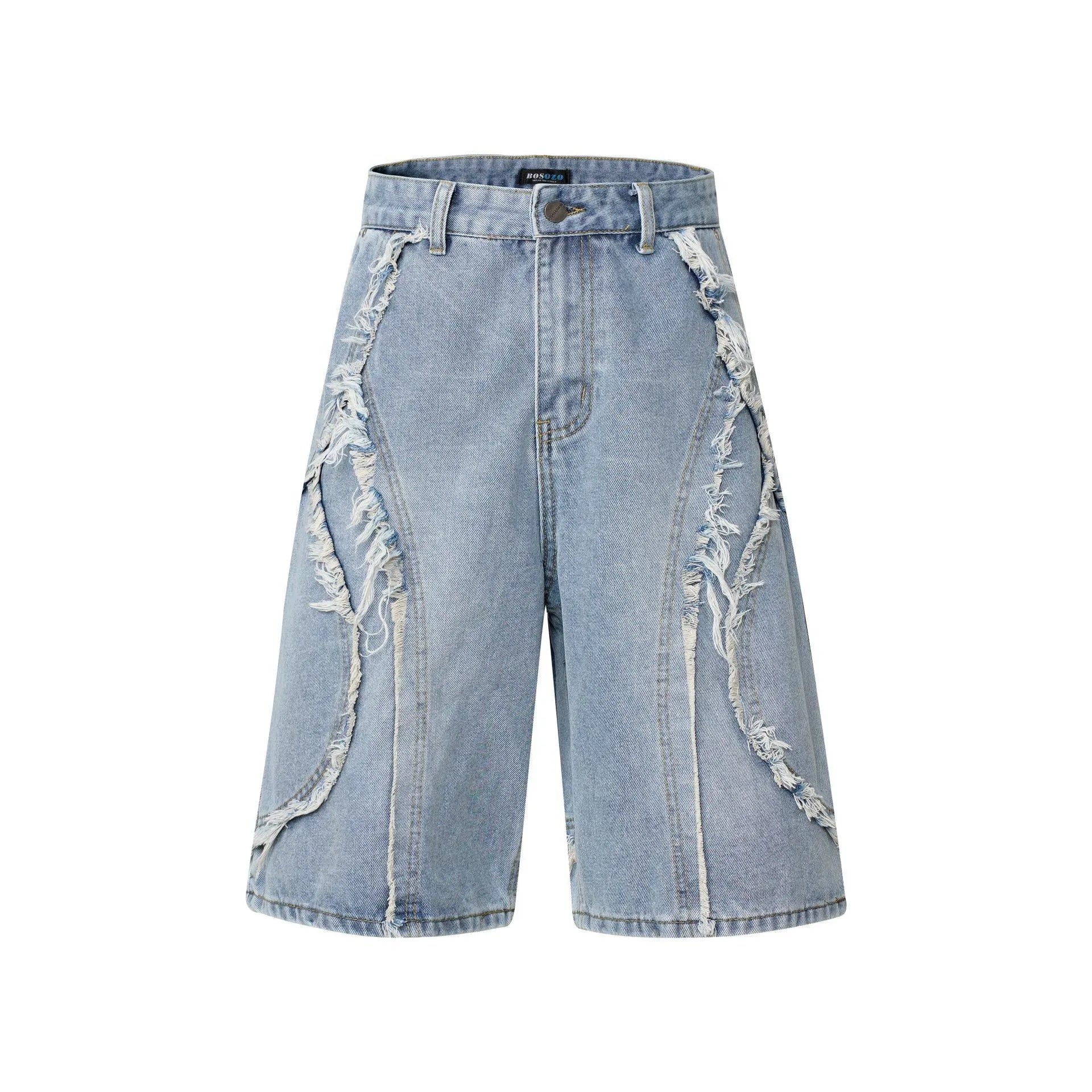 American Pu Shuai distressed raw edge denim shorts in straight leg cropped fit on a grey background.
