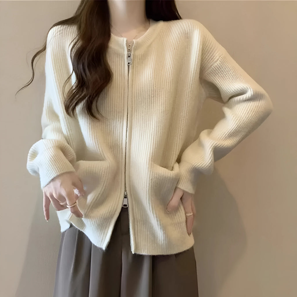 Soft viscose knit sweater coat cardigan with long sleeves in beige, grey, black, or khaki.