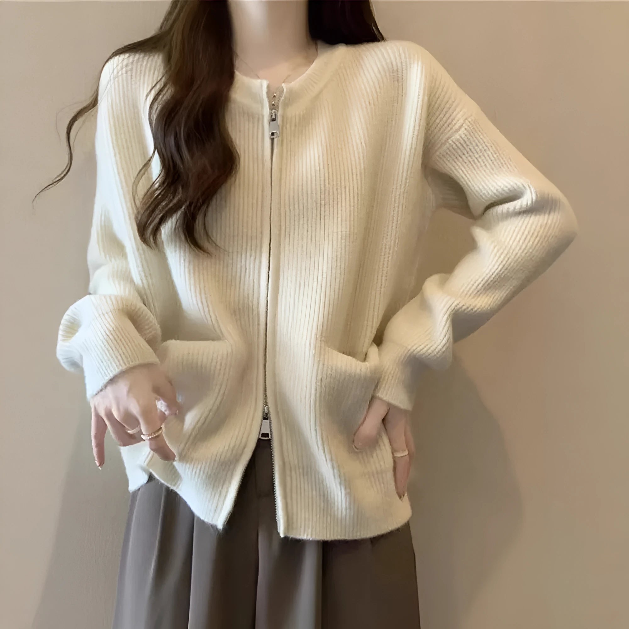 Soft viscose knit sweater coat cardigan with long sleeves in beige, grey, black, or khaki.