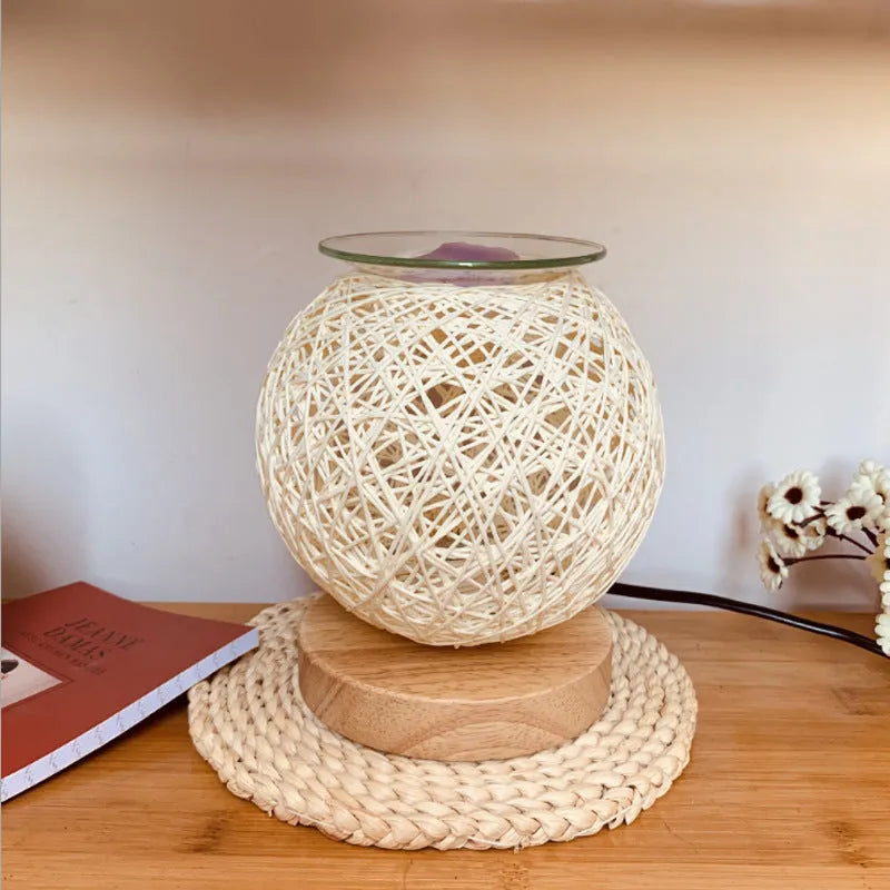 Electric wax warmer with bamboo wood lamp holder, 35W bulb, touch switch, and handmade sepak takraw design
