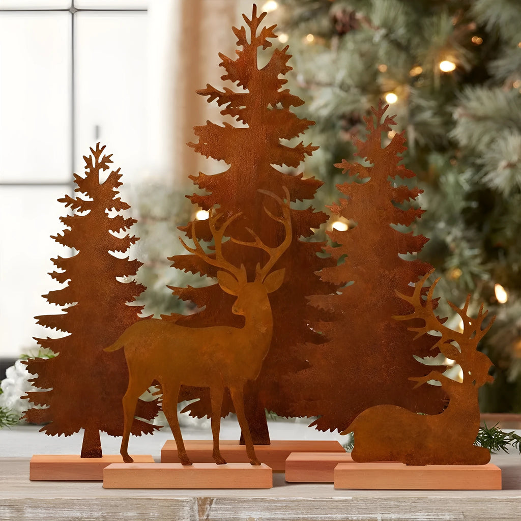 Set of three rusty iron Christmas tree ornaments with elk silhouettes, American-style metal decor.