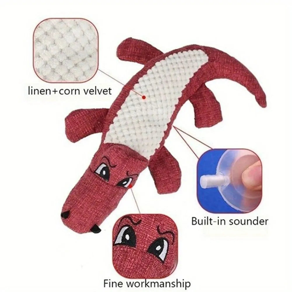 Plush squeaky dog toy in blue with linen fabric, 29cm length, on white background