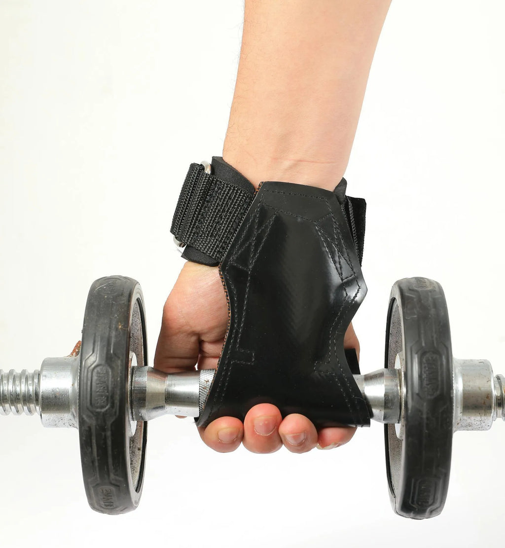 A pair of black rubber palm protection assist belts for rock climbing and weightlifting.