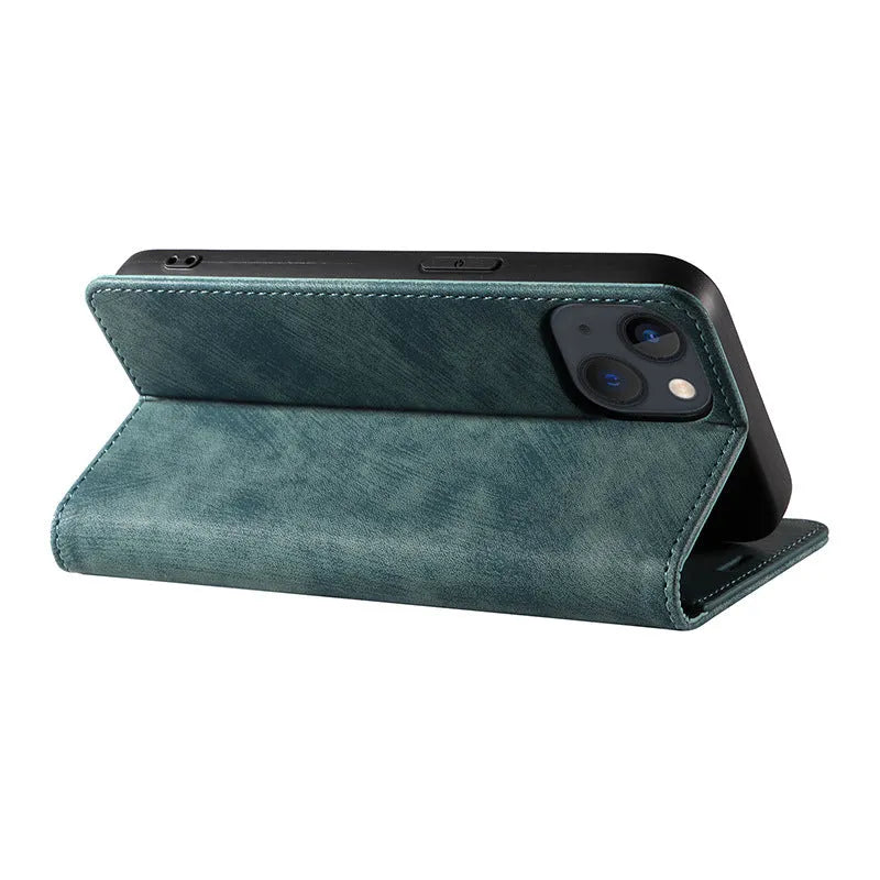 Magnetic flip phone case for iPhone in multiple colours showing front flap closed.
