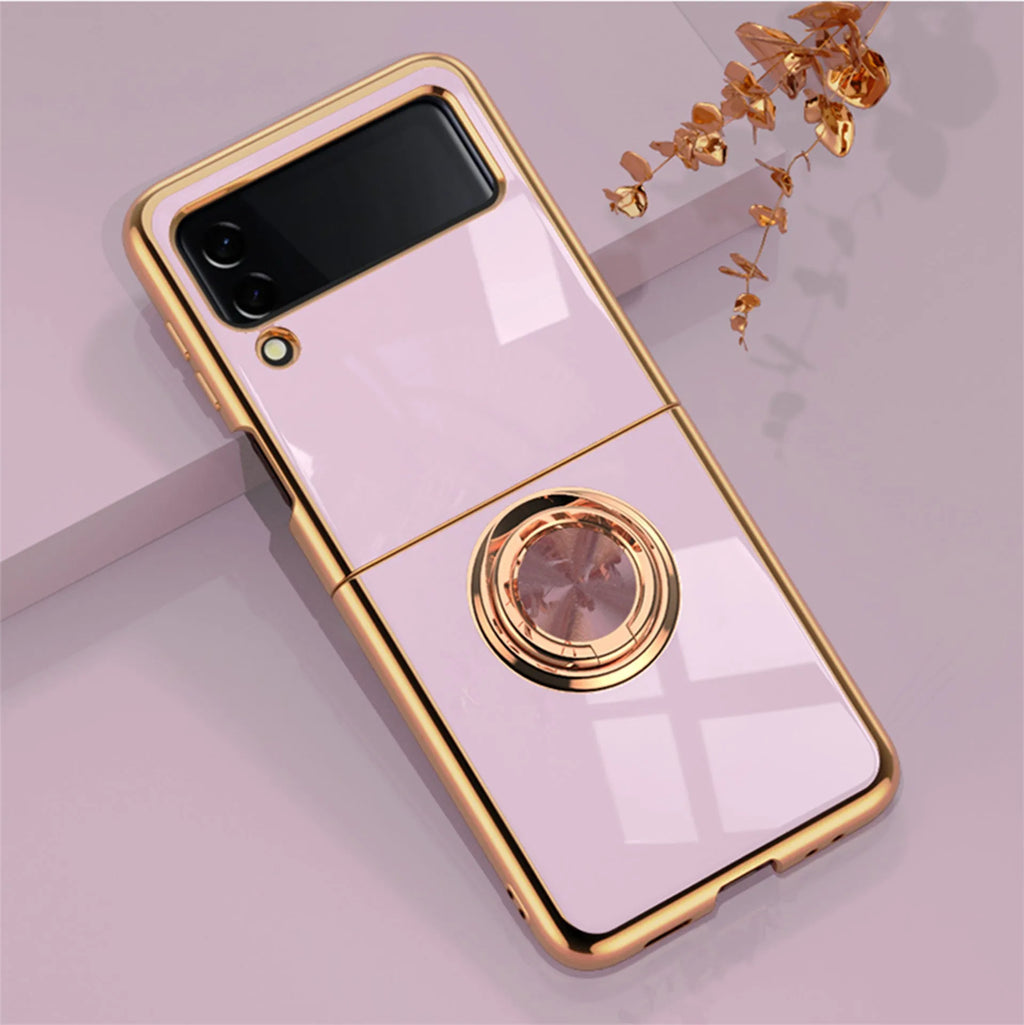 Electroplated magnetic ring TPU metal phone case for Samsung Z Flip with fold-out bracket