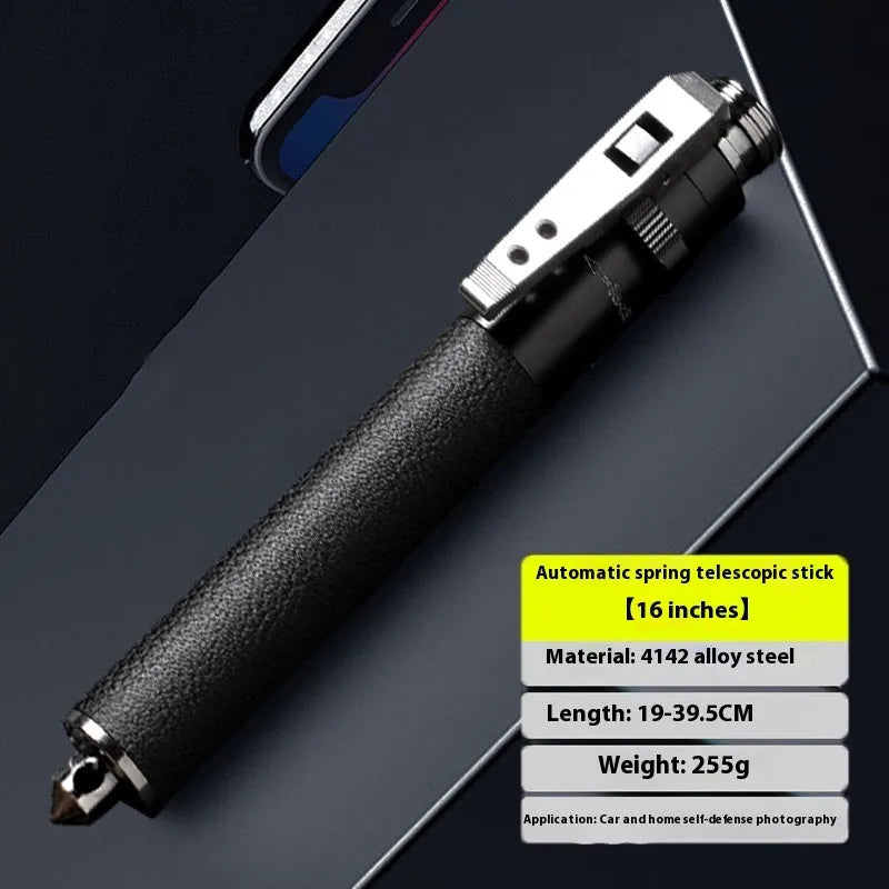 Titanium black automatic spring expandable baton in three sizes: 16-inch, 21-inch, and 26-inch lengths.
