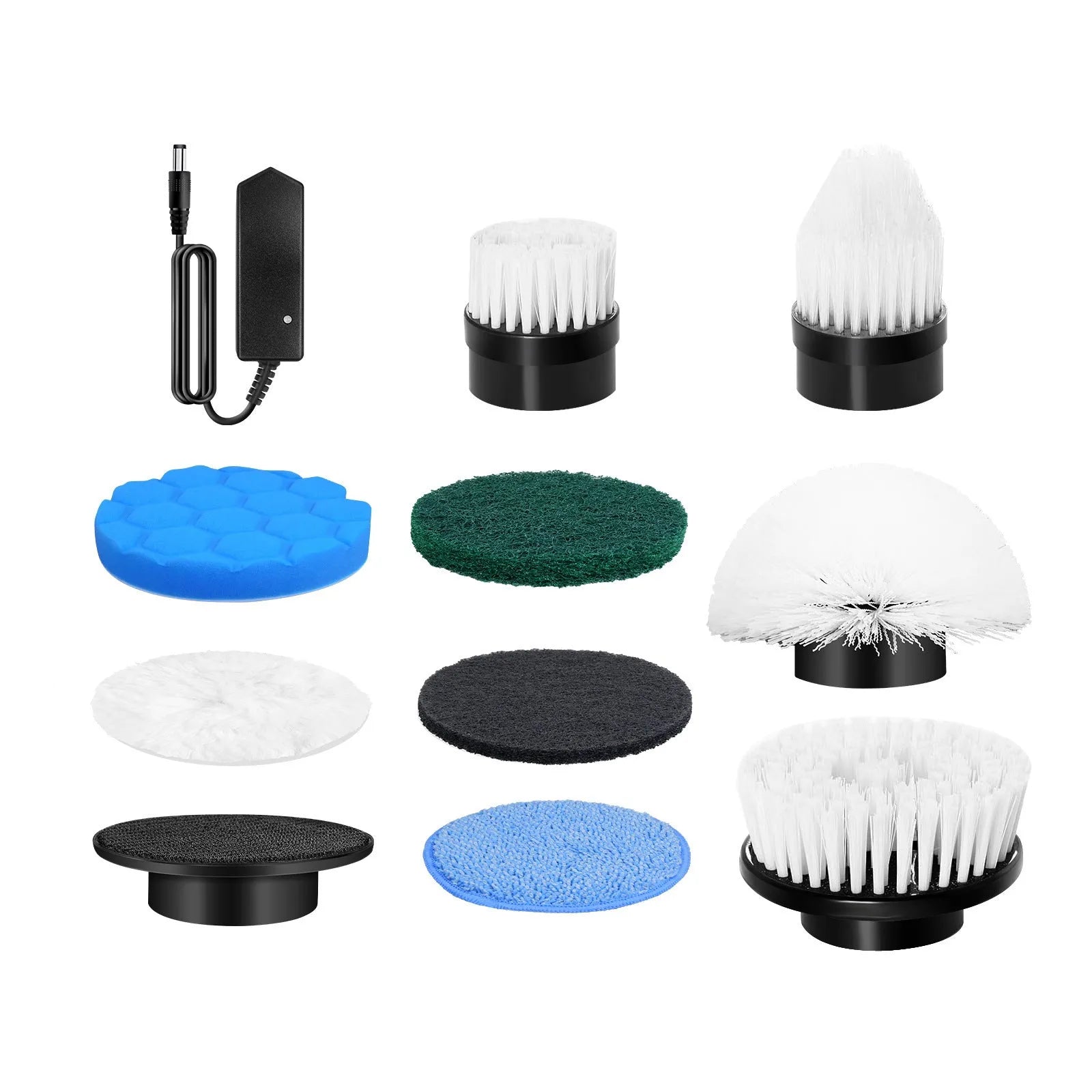 White handheld cleaning ball with rechargeable battery and multiple international plug adapters