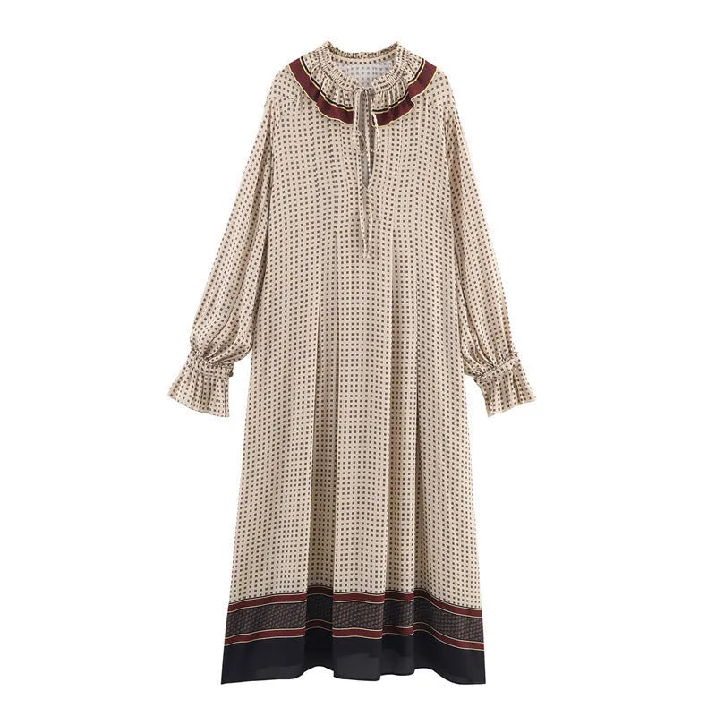Women's cotton printed long dress with stripes and plaid in picture colour, loose mid-waist fit