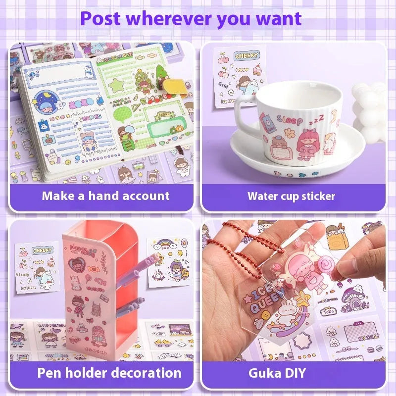 Children's sticker card notebook with colourful meatball, star, tea party, and diary character stickers