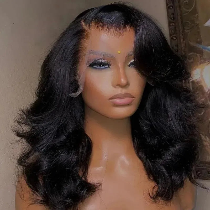 Women's black human hair lace front wig with natural hairline and elastic band on a mannequin head