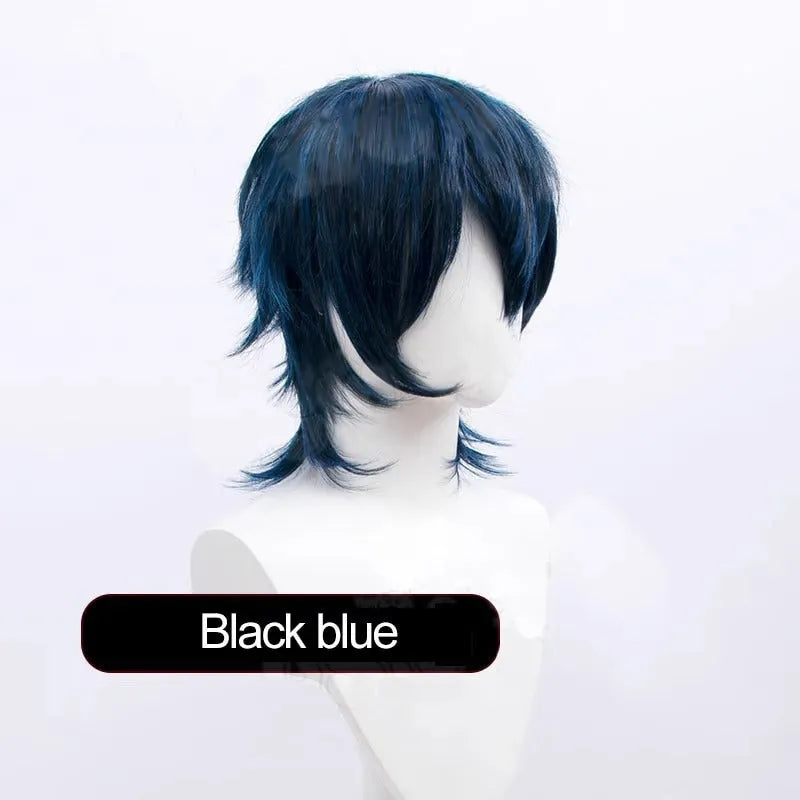 A short-style anime cosplay wig for men in high-temperature fiber, shown in a red colour option.
