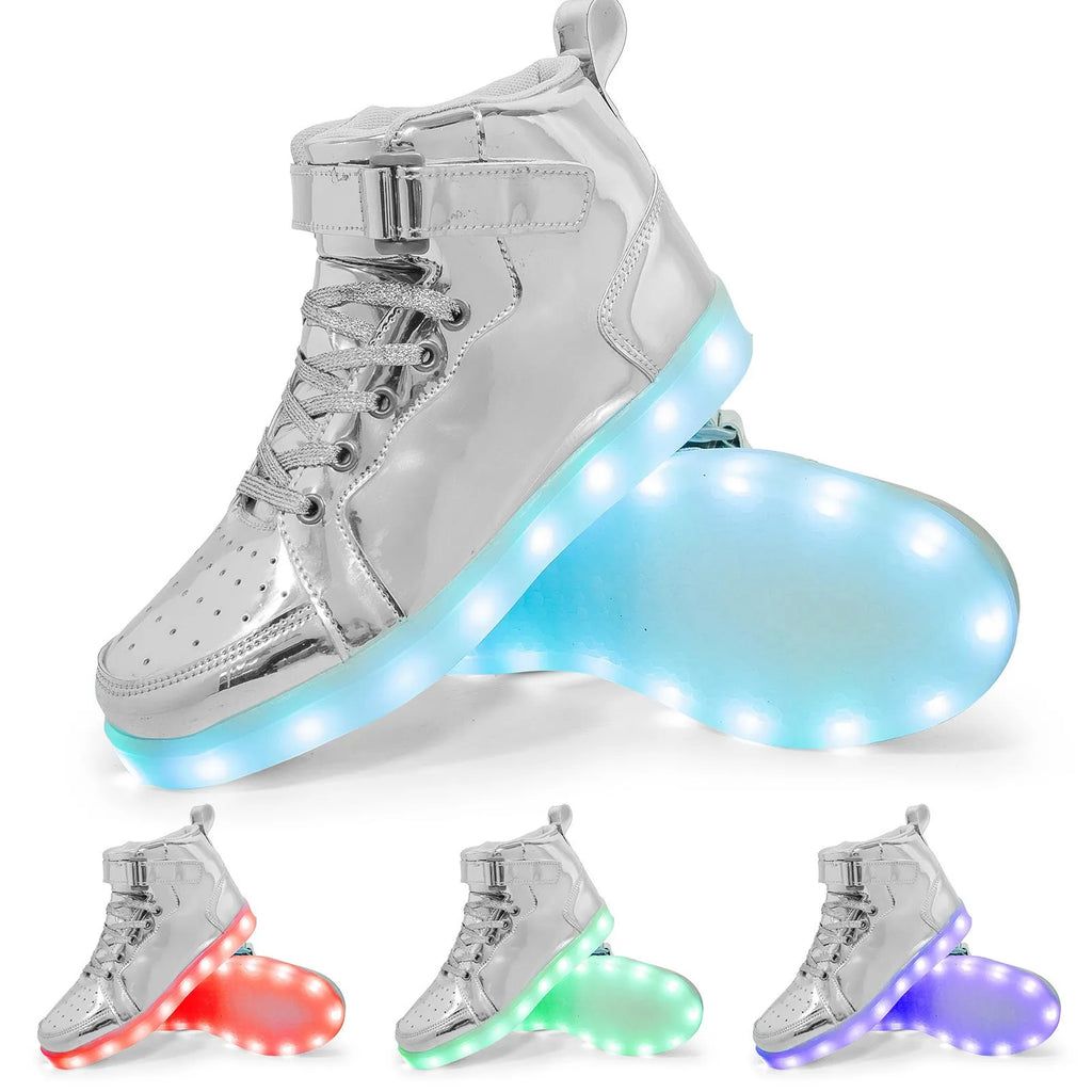 Black high-top LED light-up shoes with Velcro straps and a rubber sole.