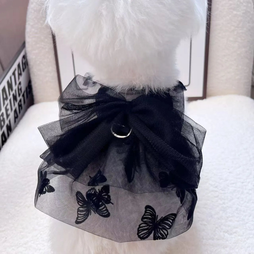 Black gauze tulle skirt pet costume for small to medium dogs and cats on a mannequin.