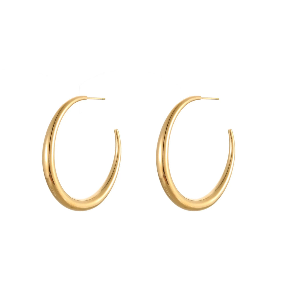 Simple round titanium steel hoop earrings for women in gold and steel finishes, shown in small and large sizes.