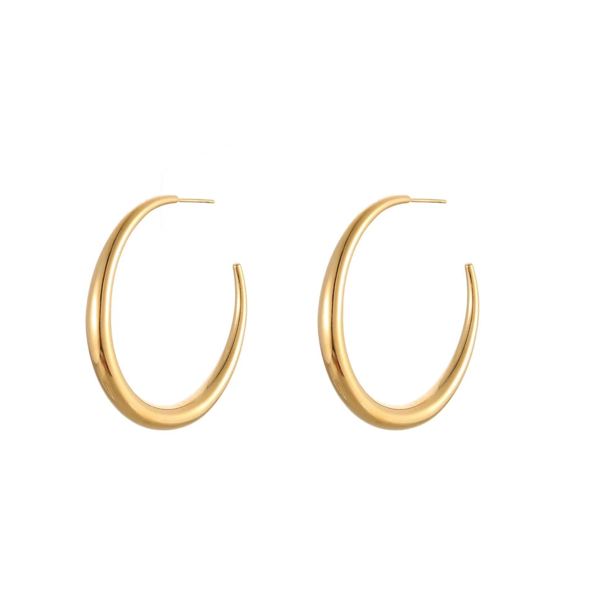Simple round titanium steel hoop earrings for women in gold and steel finishes, shown in small and large sizes.