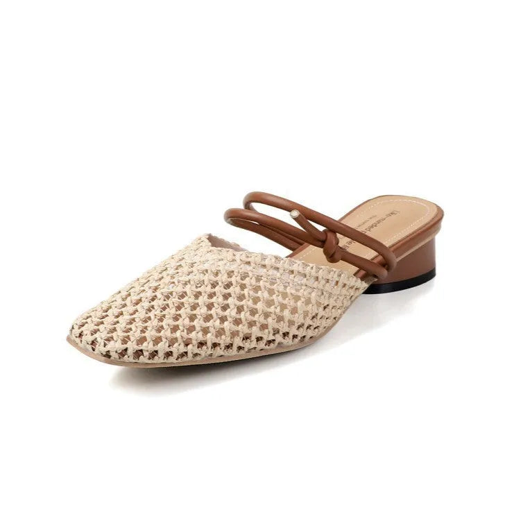 Women's square toe chunky heel slippers in beige, showing hollow-out breathable design and rubber sole.