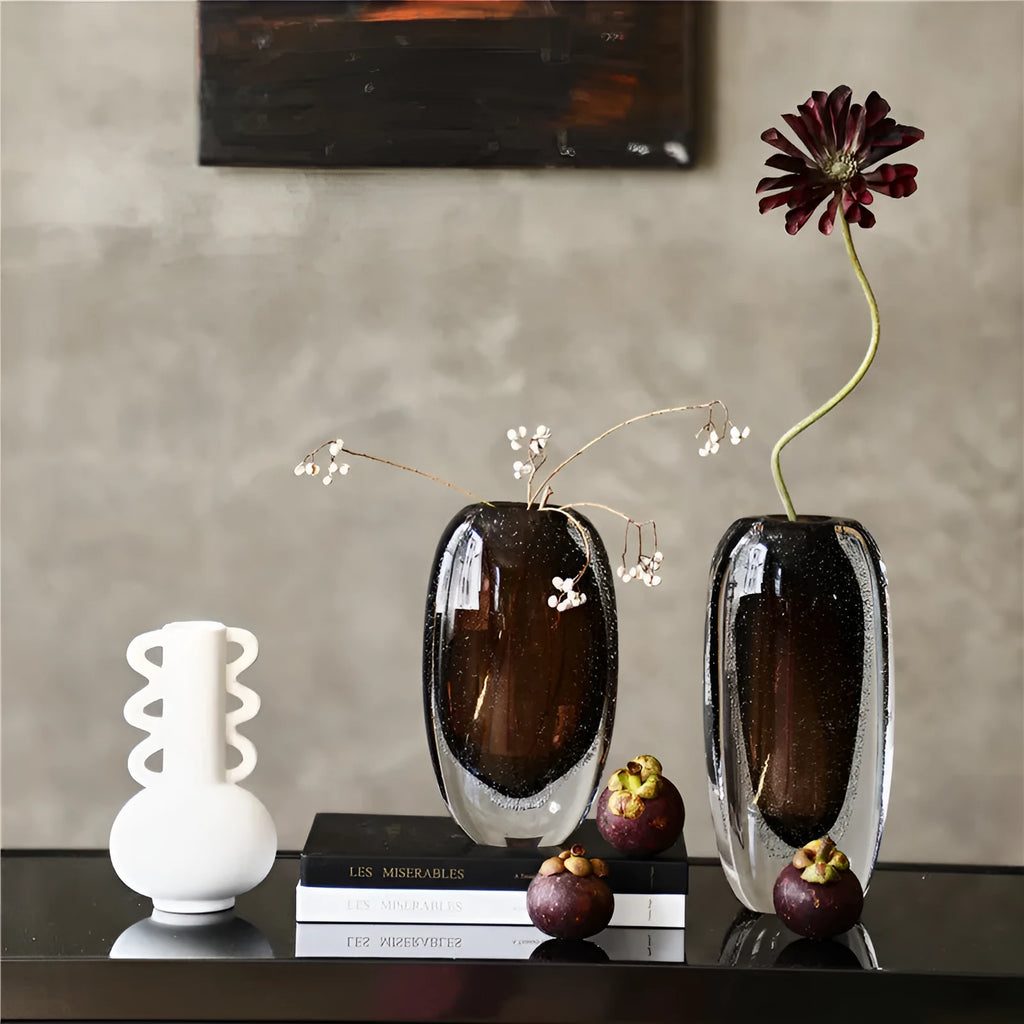 Tea brown glass vase with bubble thick bottom and flat mouth for modern home decor