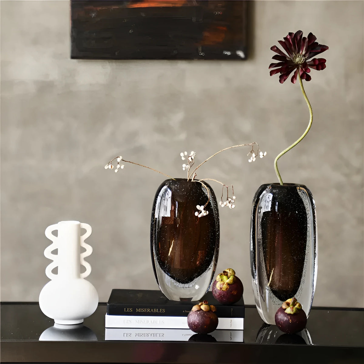Tea brown glass vase with bubble thick bottom and flat mouth for modern home decor