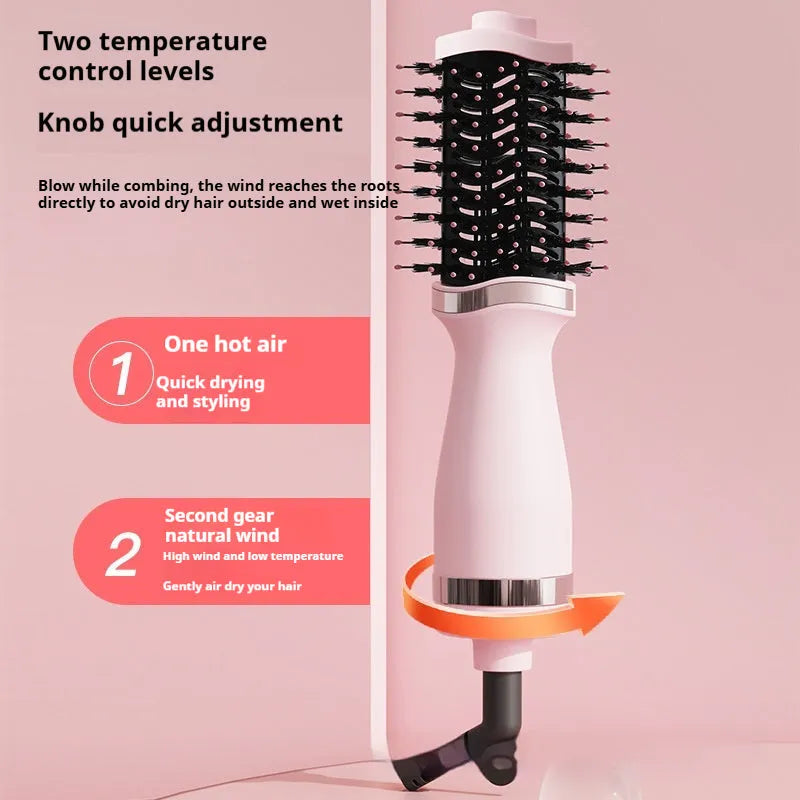 Pink multifunctional hair dryer with integrated comb and curling attachments on white background