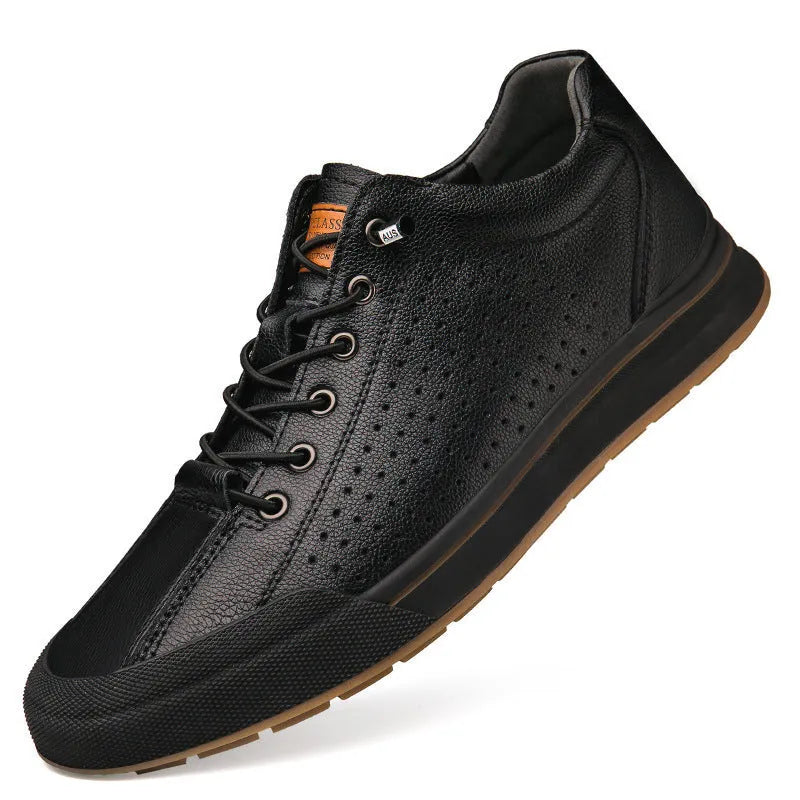 Men's black and white matte leather casual shoes with flat heel and round toe