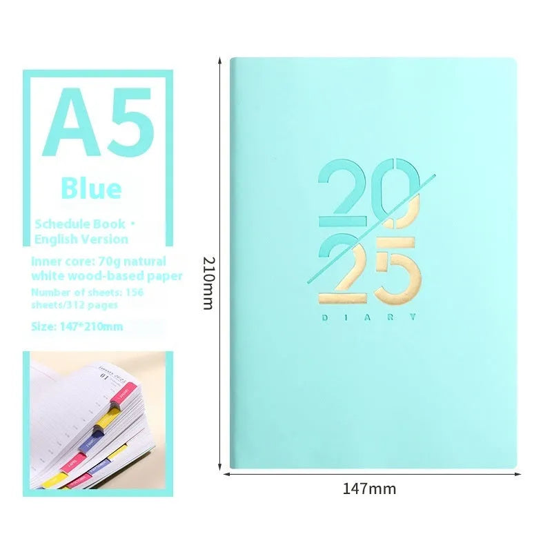 A5 faux leather daily schedule book open showing Dorian paper pages with binding detail