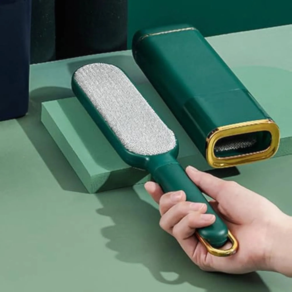 Pet hair remover brush with storage base in blue, green or white colours
