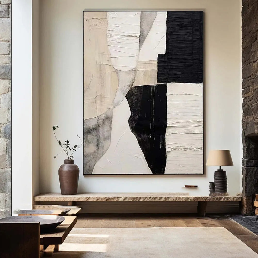 Handmade oil painting modern abstract black white texture minimalist canvas wall art rolled frameless