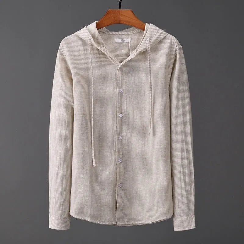 Men's hooded striped long sleeve shirt with wool lining, plus size, in white black gray sky blue apricot