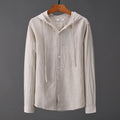 Men's hooded striped long sleeve shirt with wool lining, plus size, in white black gray sky blue apricot