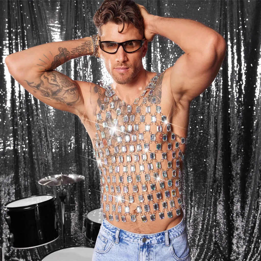 Heavy metal style gem vest top in transparent AB with slim fit and strapless design for men