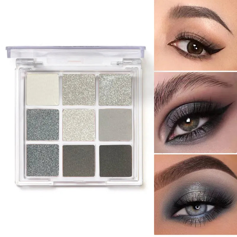 Nine-colour smoked eye shadow palette with white, silver, black, and iron grey shades