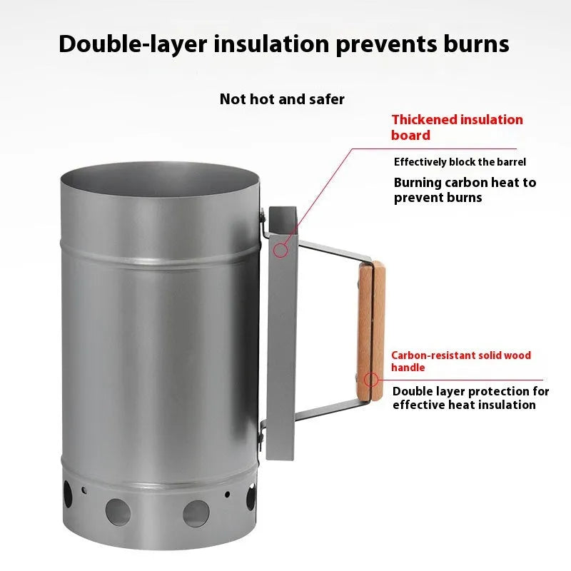 Zinc-iron alloy outdoor charcoal fire starter stove with point carbon barrel design and oven igniter.