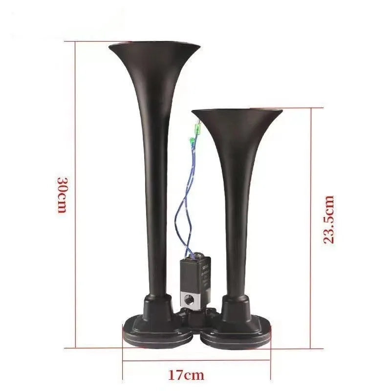 Black dual trumpet 12V 24V 300DB air horn and compressor kit for vehicles