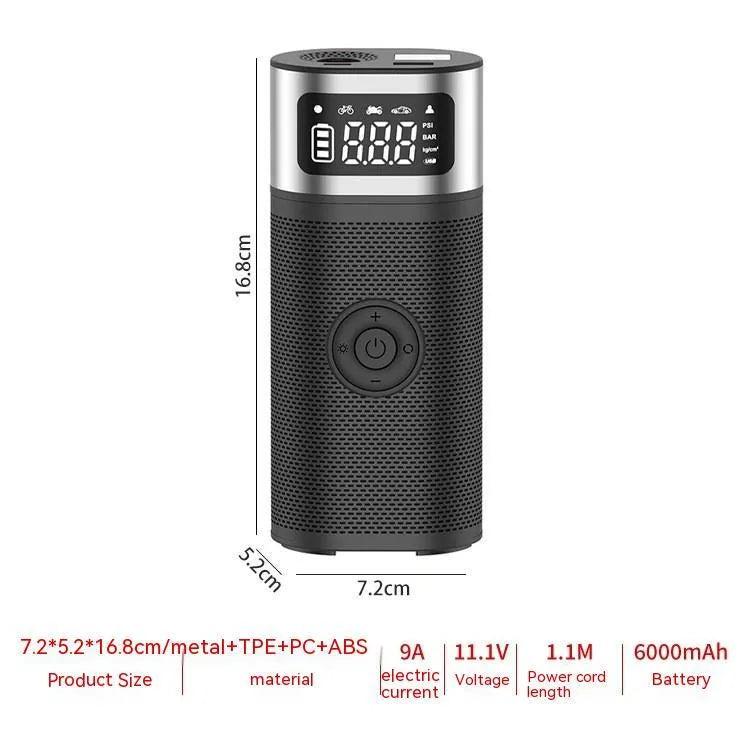 Black portable wireless air pump with 15cm tube, multiple nozzles, and storage bag