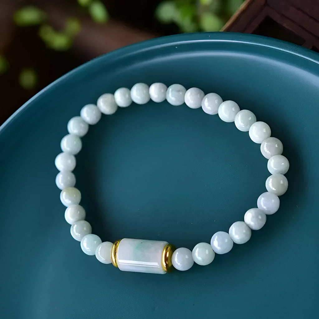 Natural Myanmar jade round bead bracelet with emerald green colour geometric stones