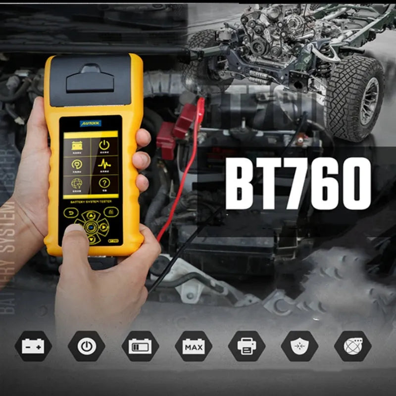 Autool BT760 vehicle battery tester with colour screen, test clips, and built-in thermal printer.