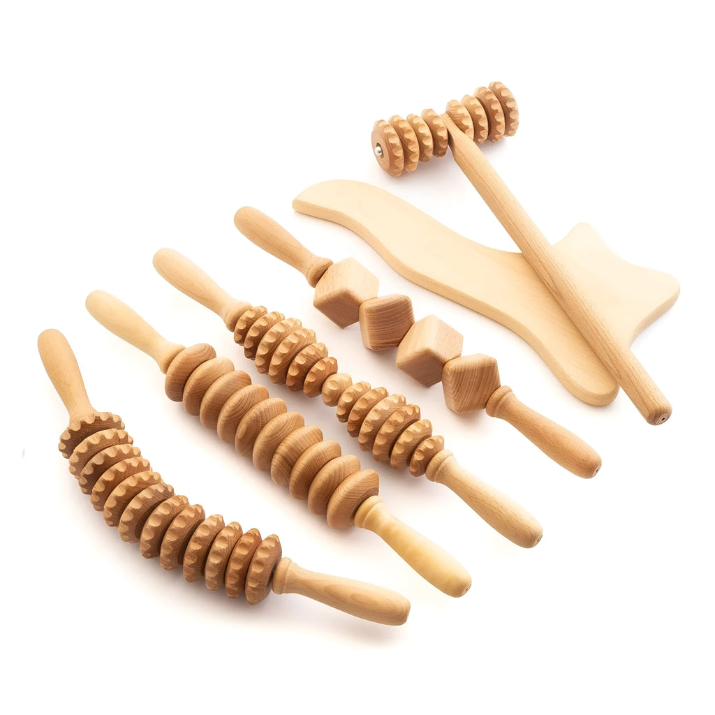 Beech wood massage roller set with T-shaped handle and multiple wheel attachments for lymphatic drainage