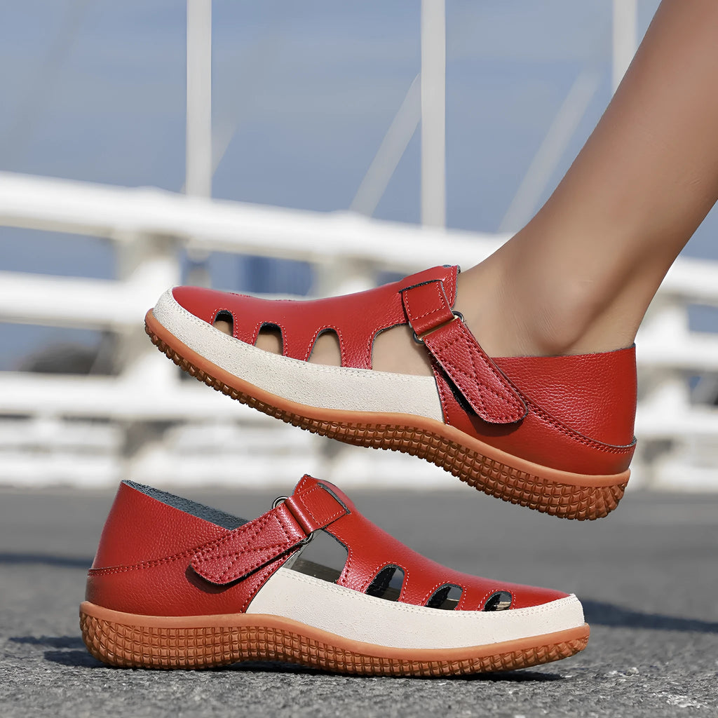 Women's plus size flat heel sandals with hollow toe cap design in blue, red or white colours