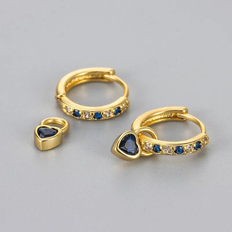 Women's heart-shaped zircon drop earrings with coloured gemstone centre and ear clip fastening