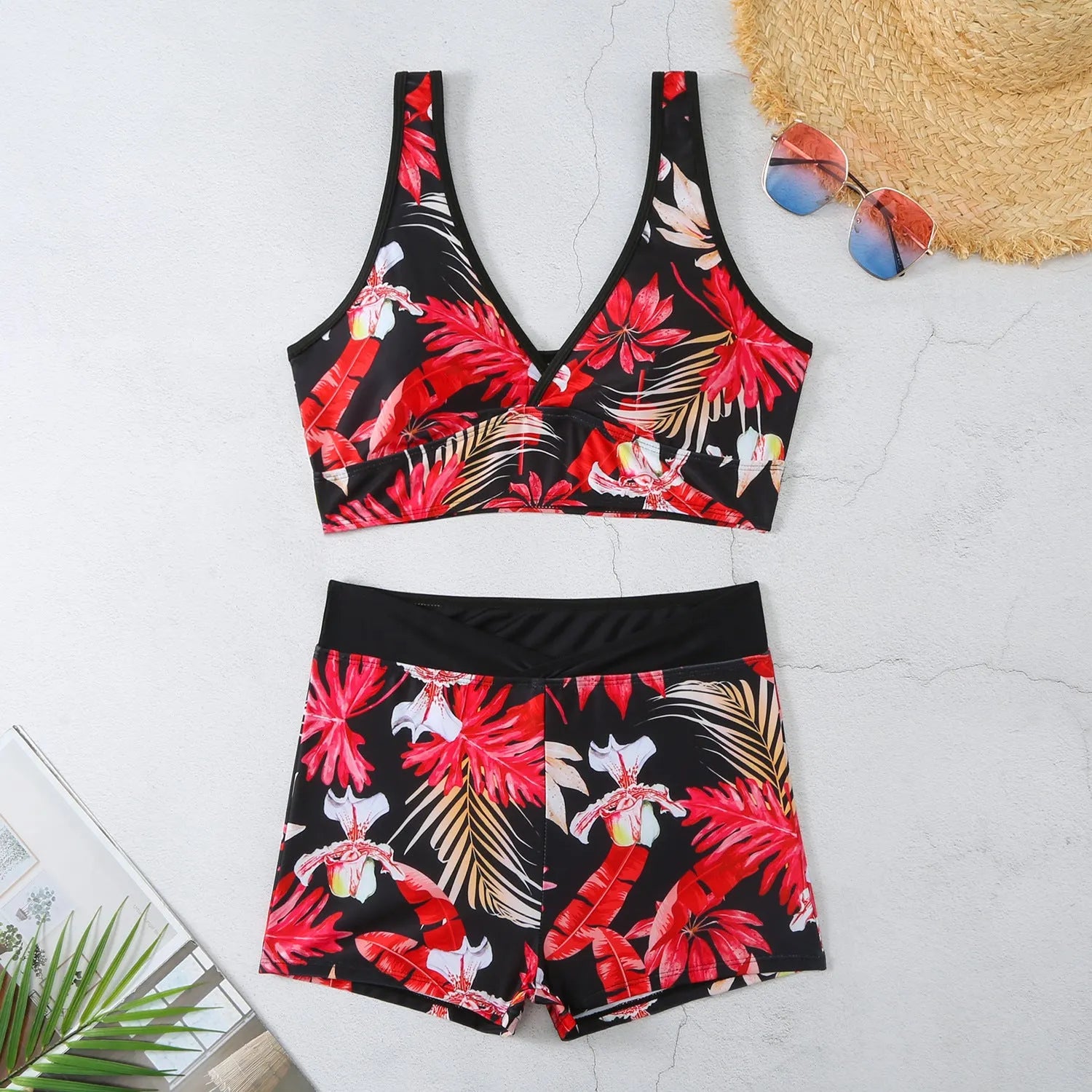 Women's two-piece printed boxer briefs swimsuit set in a multi-colour design