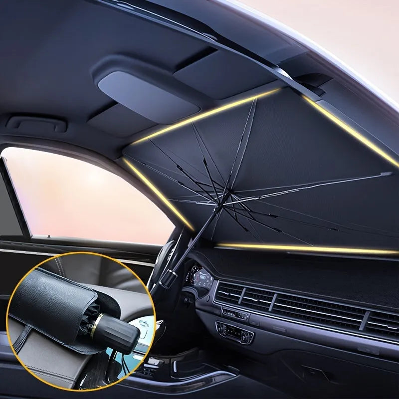 Foldable car windshield sunshade umbrella showing open and folded positions
